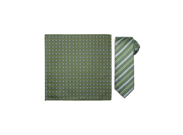 Santi silkeslips+lommetørkle mønstret sett hengende grønn 