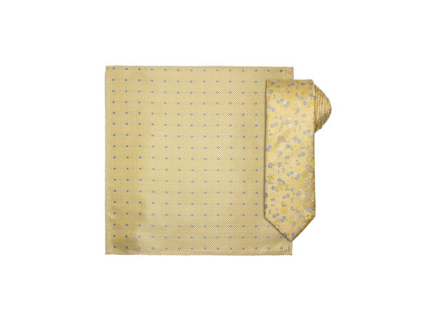 Santi silkeslips+lommetørkle mønstret sett hengende gul 