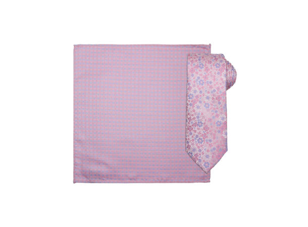 Santi silkeslips+lommetørkle mønstret sett hengende rosa 