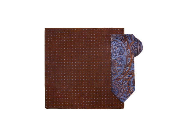 Santi silkeslips+lommetørkle mønstret sett hengende cognac 