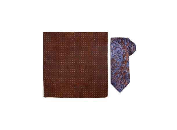Santi silkeslips+lommetørkle mønstret sett hengende cognac 
