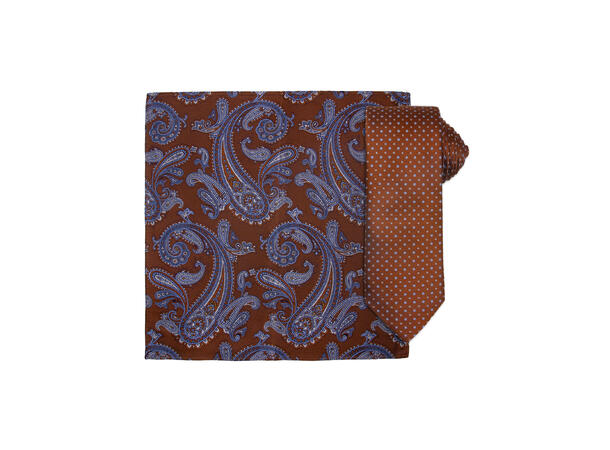Santi silkeslips+lommetørkle mønstret sett hengende cognac 