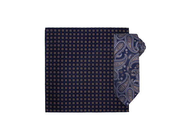 Santi 8cm silkeslips+lommetørkle paisley sett hengende blå 