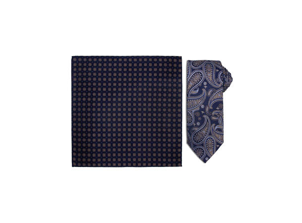 Santi 8cm silkeslips+lommetørkle paisley sett hengende blå 
