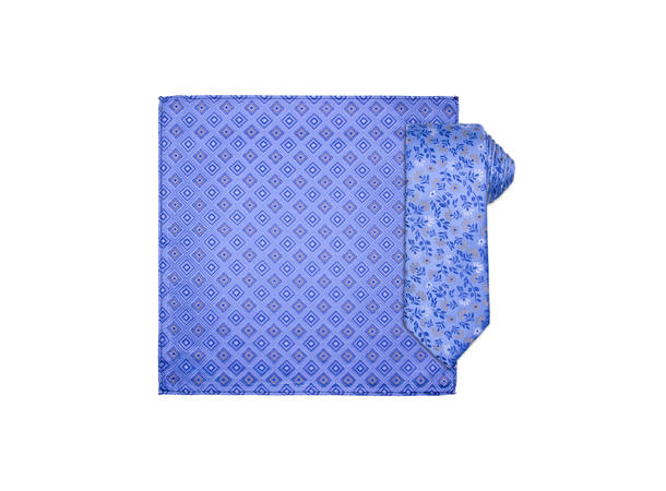 Santi silkeslips+lommetørkle mønstret sett hengende blå 