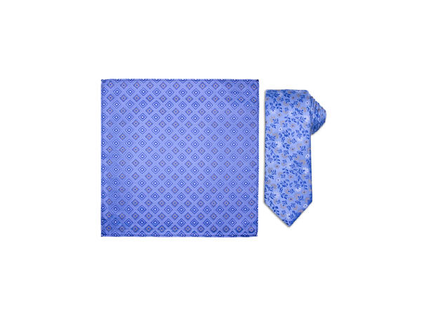 Santi silkeslips+lommetørkle mønstret sett hengende blå 