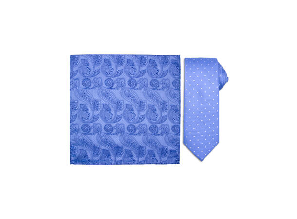 Santi silkeslips+lommetørkle mønstret sett hengende blå 