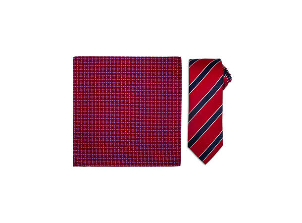 Santi silkeslips+lommetørkle mønstret sett hengende rød 