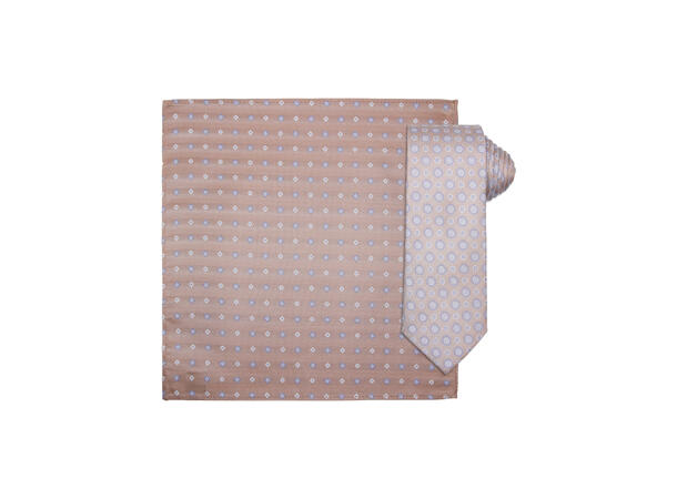 Santi silkeslips+lommetørkle mønstret sett hengende beige 