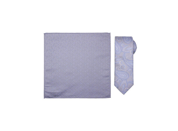 Santi silkeslips+lommetørkle mønstret sett hengende grå 