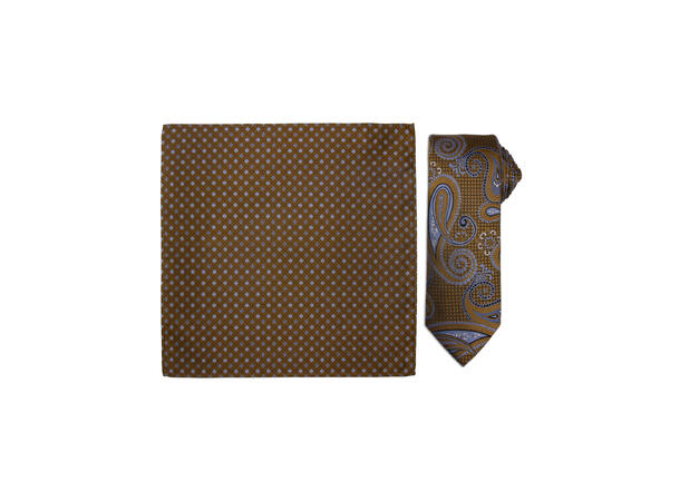 Santi silkeslips+lommetørkle mønstret sett hengende cognac 