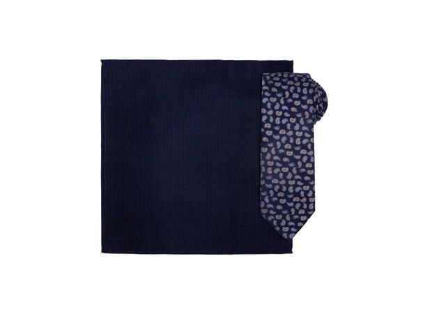 Santi silkeslips+lommetørkle mønstret sett hengende navy 