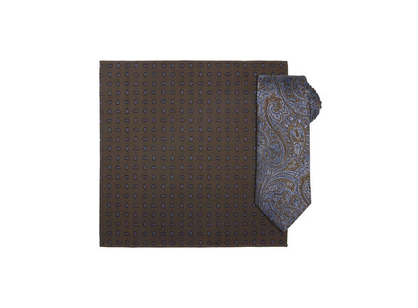 Santi silkeslips+lommetørkle mønstret sett hengende beige 