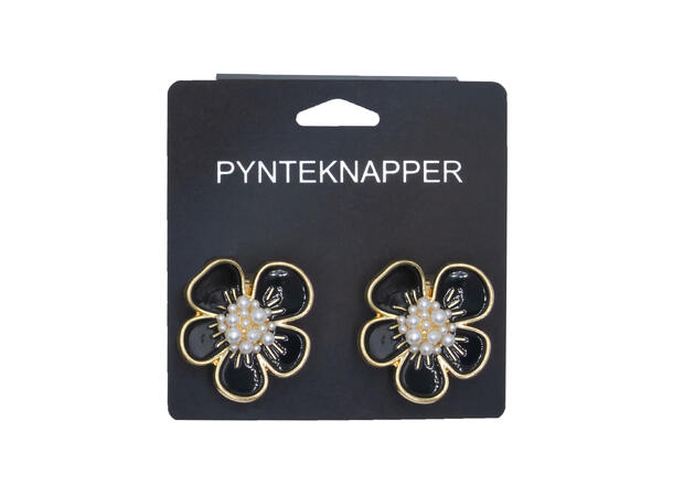 Skjorteknapp m/blomst og perle sort 