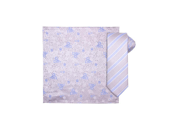 Santi silkeslips+lommetørkle mønstret* sett hengende grå 