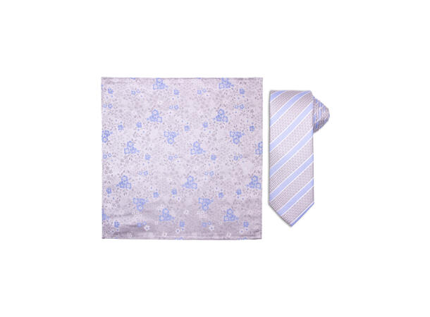 Santi silkeslips+lommetørkle mønstret* sett hengende grå 