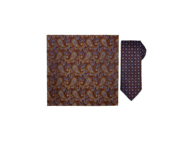 Santi silkeslips+lommetørkle mønstret* sett hengende cognac 