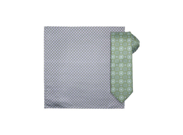 Santi silkeslips+lommetørkle mønstret sett hengende grønn 