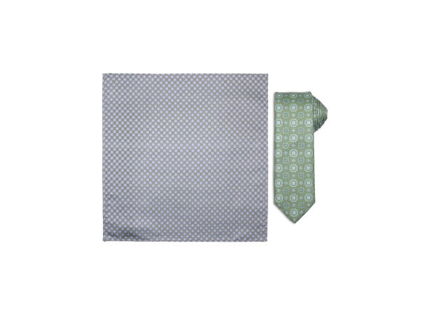 Santi silkeslips+lommetørkle mønstret sett hengende grønn 