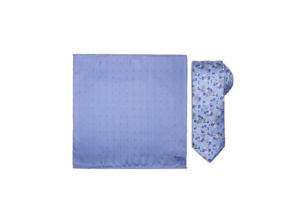 Santi silkeslips+lommetørkle mønstret sett hengende blå 