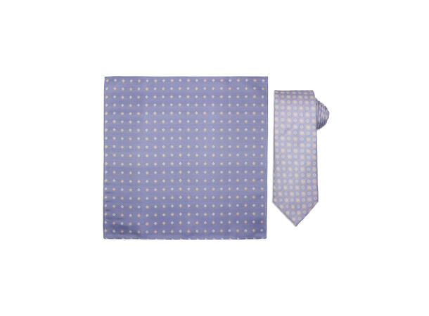 Santi silkeslips+lommetørkle mønstret sett hengende blå 