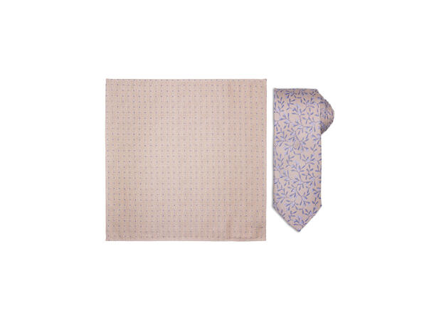 Santi silkeslips+lommetørkle mønstret sett hengende beige 