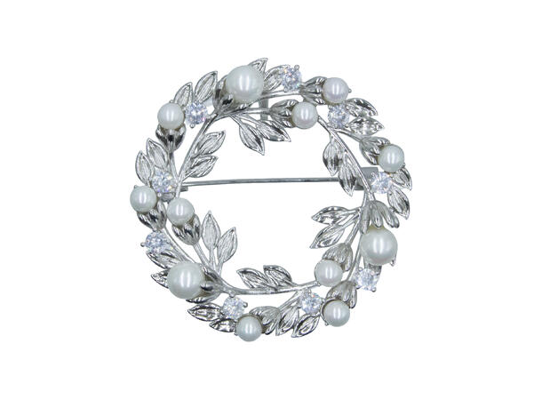 Brosje rund m/perler & blader 