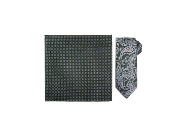 Santi 8cm silkeslips+lommetørkle paisley sett hengende grønn 