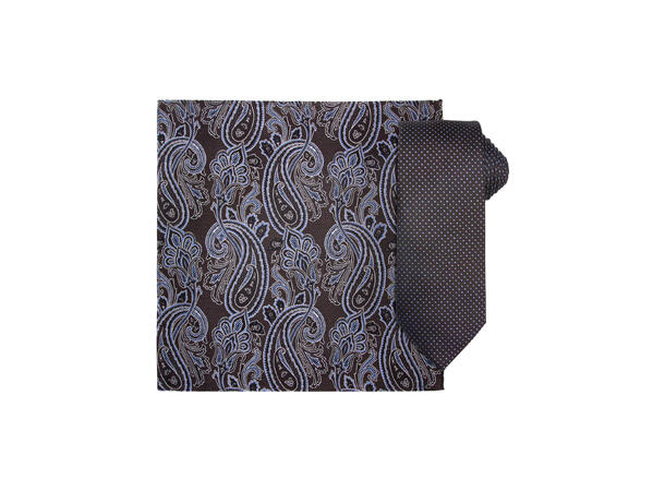 Santi 8cm silkeslips+lommetørkle prikket sett hengende brun 