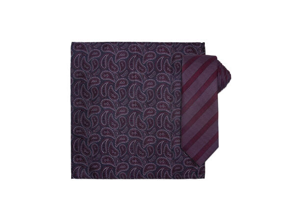 Santi silkeslips+lommetørkle mønstert sett hengende bordeaux 