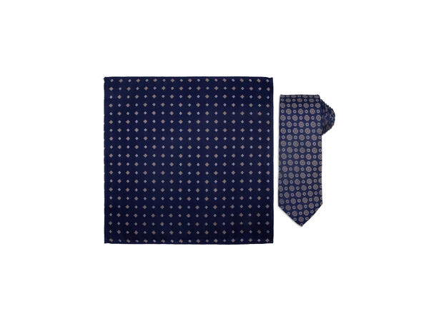 Santi silkeslips+lommetørkle mønstret* sett hengende navy 