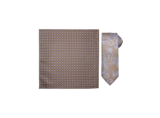 Santi silkeslips+lommetørkle mønstret* sett hengende beige 