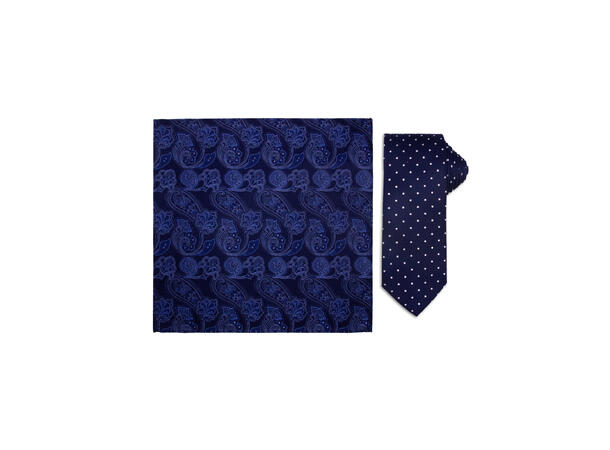 Santi silkeslips+lommetørkle mønstret sett hengende navy 