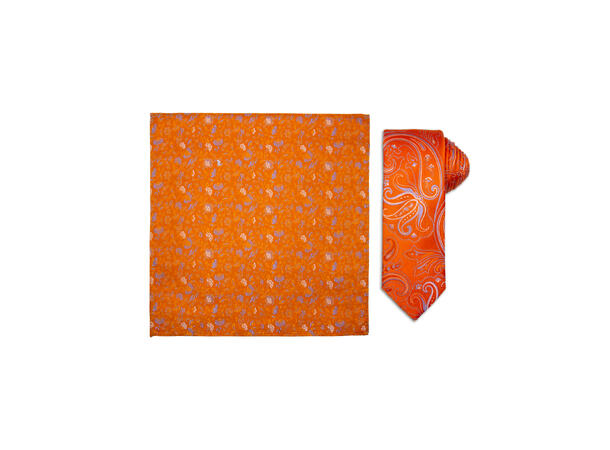 Santi silkeslips+lommetørkle mønstret sett hengende oransje 