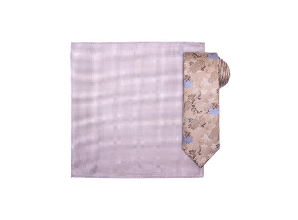 Santi silkeslips+lommetørkle mønstret sett hengende beige 