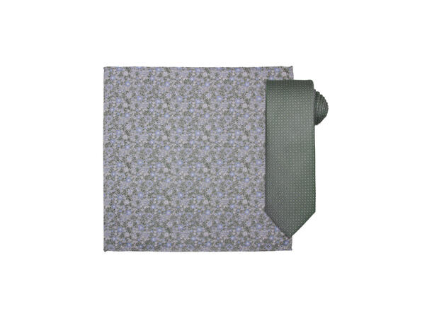 Santi silkeslips+lommetørkle mønstret sett hengende grønn 