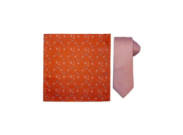 Santi silkeslips+lommetørkle mønstret sett hengende oransje 