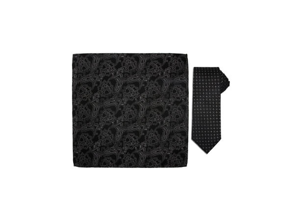 Santi silkeslips+lommetørkle mønstert sett hengende grå/sort 