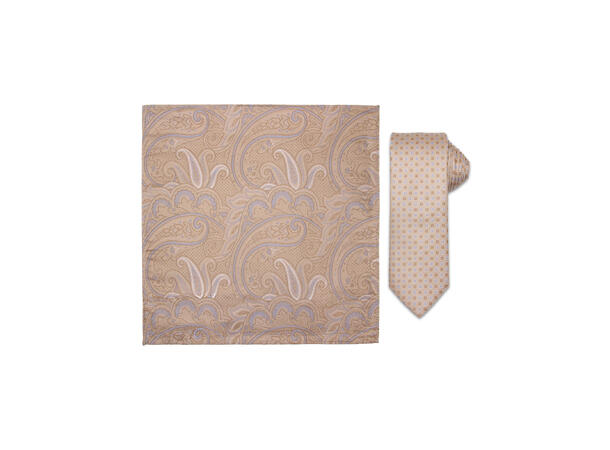 Santi silkeslips+lommetørkle mønstret* sett hengende beige 