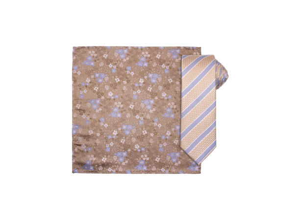 Santi silkeslips+lommetørkle mønstret sett hengende beige 