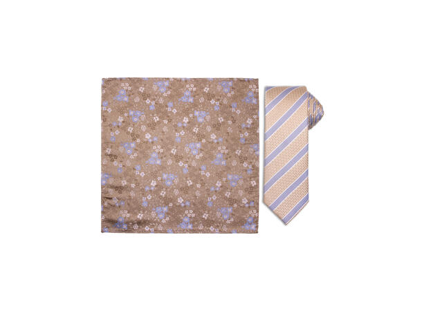 Santi silkeslips+lommetørkle mønstret sett hengende beige 