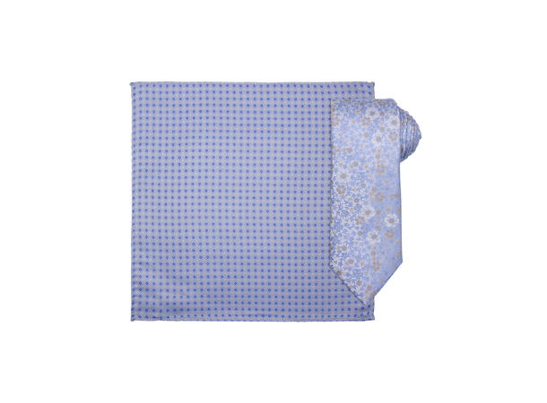 Santi silkeslips+lommetørkle mønstret sett hengende lys blå 