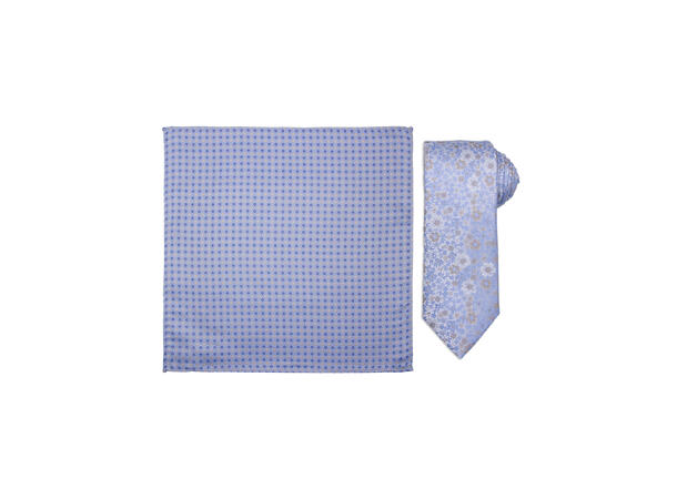 Santi silkeslips+lommetørkle mønstret sett hengende lys blå 