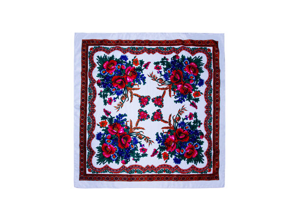 Skjerf m/store blomster 70x70 hvit 