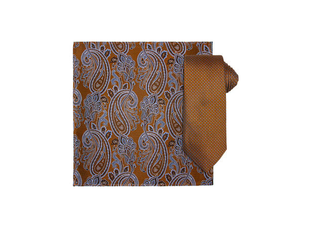 Santi 8cm silkeslips+lommetørkle prikket sett hengende cognac 