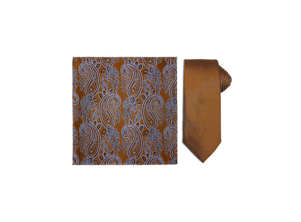 Santi 8cm silkeslips+lommetørkle prikket sett hengende cognac 