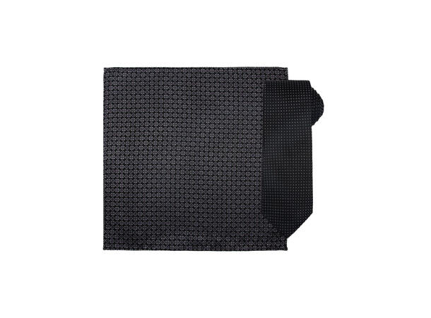 Santi silkeslips+lommetørkle mønstert sett hengende grå/sort 