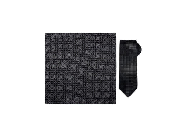 Santi silkeslips+lommetørkle mønstert sett hengende grå/sort 