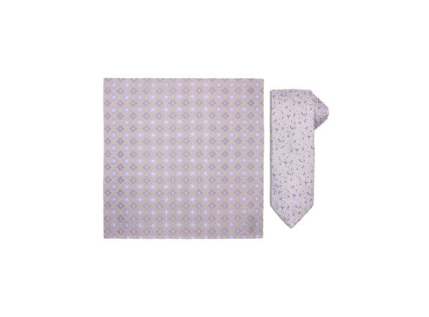 Santi silkeslips+lommetørkle mønstert sett hengende beige 