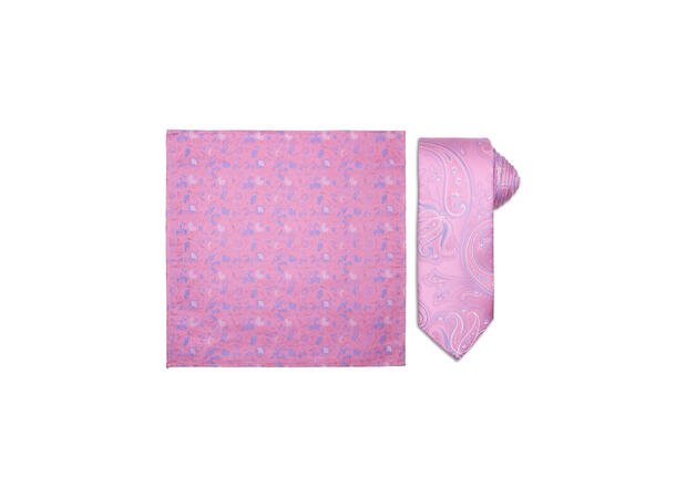 Santi silkeslips+lommetørkle mønstret* sett hengende rosa 